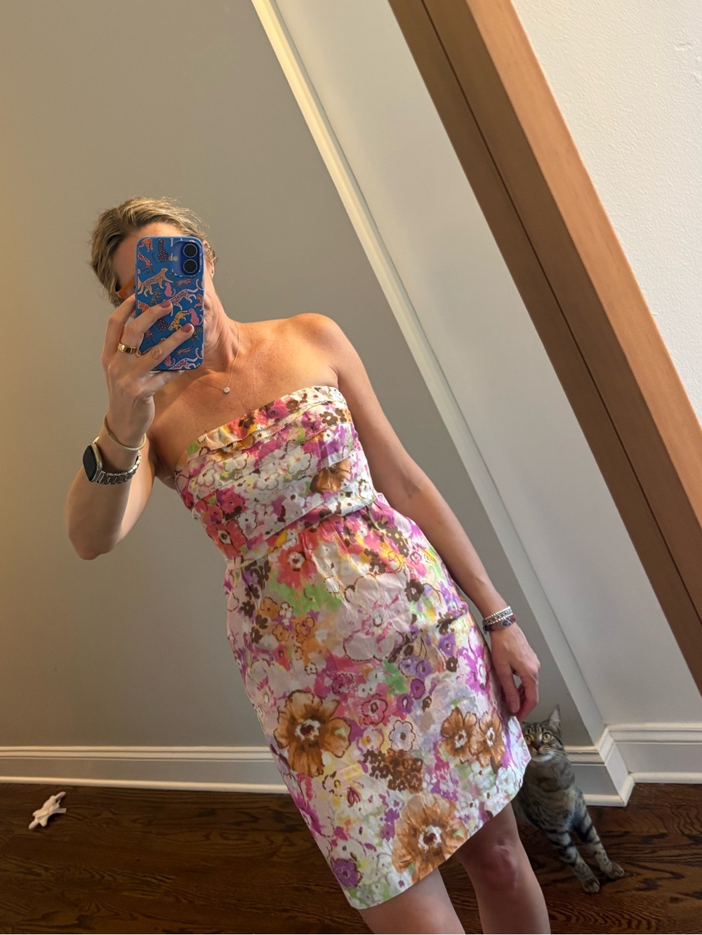 J. Crew Strapless Floral Mini Dress in Pink, Yellow, Green